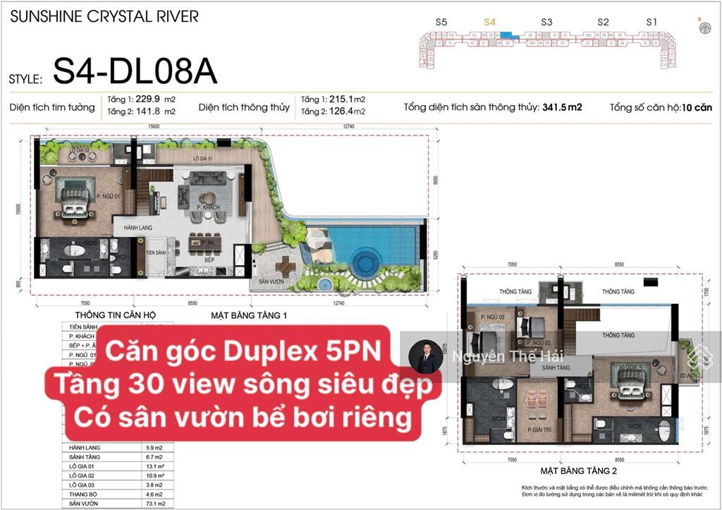 Căn góc duplex 5pn tòa s4, tầng 30 view sông hồng, có bể bơi riêng, giá 72 tỷ, noble crystal tây hồ