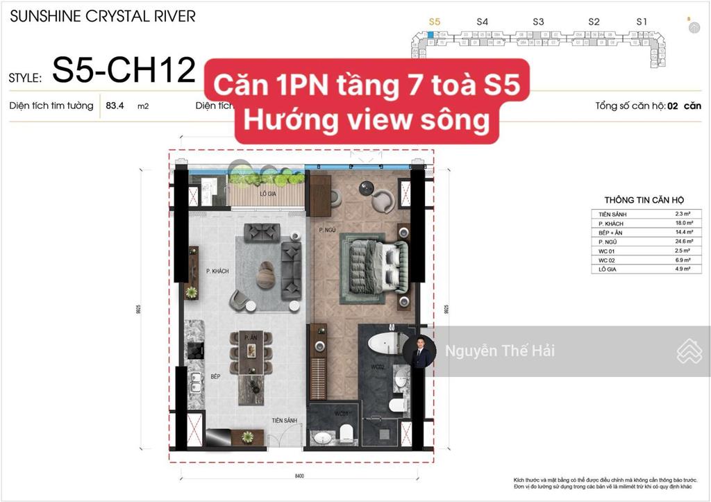 Căn 1pn diện tích nhỏ nhất, tầng 7 toà s5 hướng view sông, giá 10,3 tỷ, noble crystal tây hồ