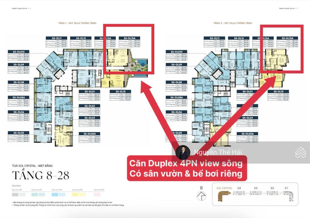 Căn góc duplex 5pn tòa s5, tầng 27 view sông hồng, có bể bơi riêng, 58,3 tỷ, noble crystal tây hồ