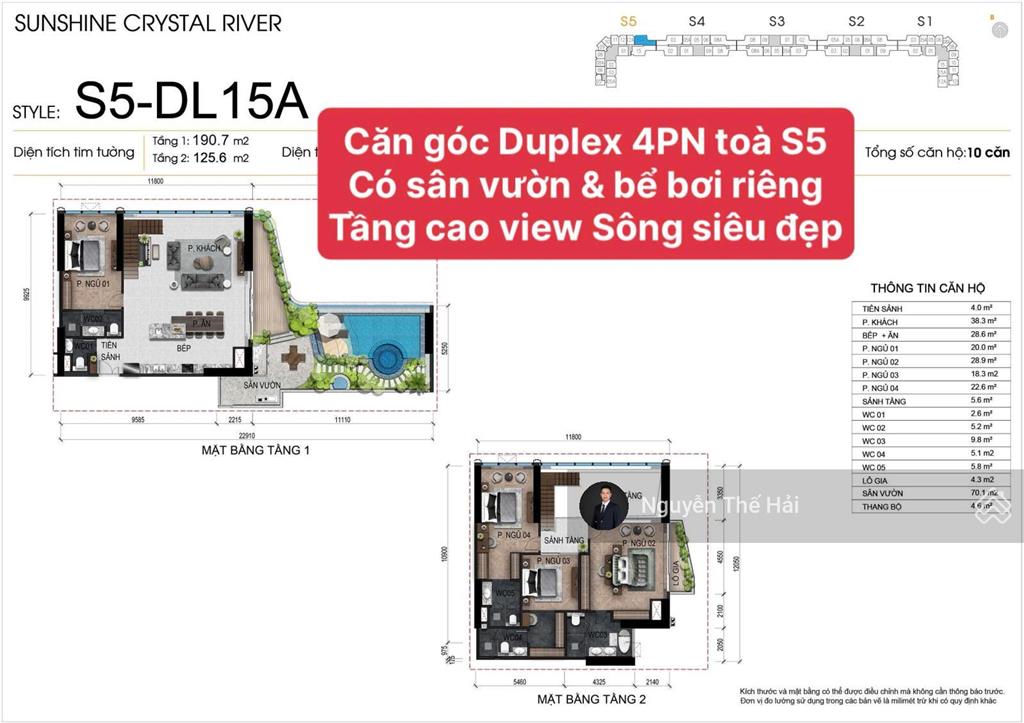 Căn góc duplex 5pn tòa s5, tầng 27 view sông hồng, có bể bơi riêng, 58,3 tỷ, noble crystal tây hồ