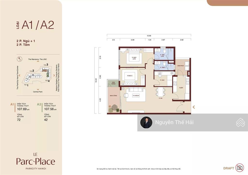 Căn 2pn + 1 phòng học, tòa c, 107m2, giá 11 tỷ, view bể bơi và công viên, le parc place  parkcity