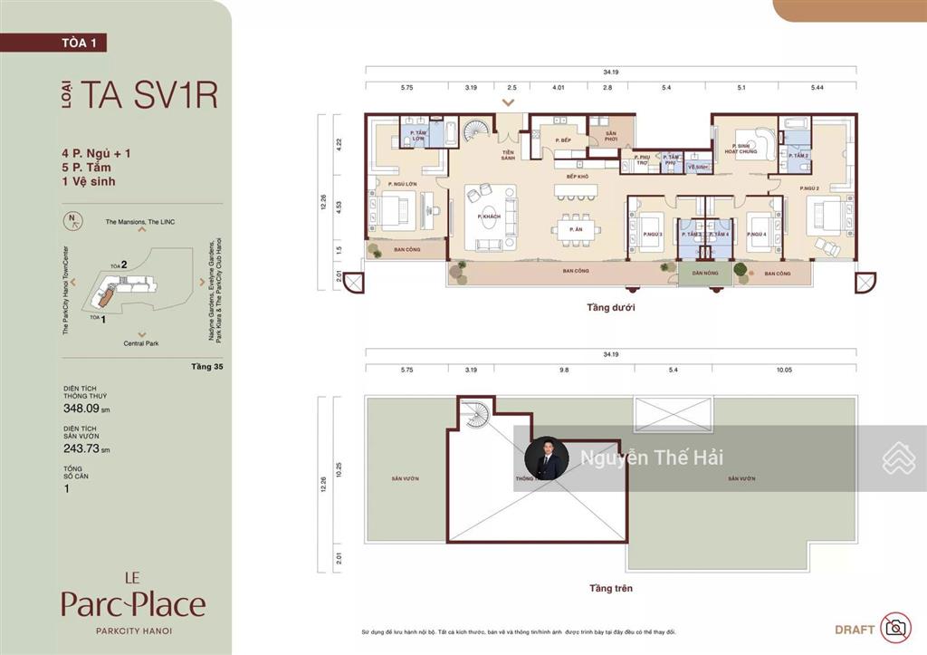 Căn penthouse sky villa 5pn tòa a, 592m2, giá 45 tỷ, view công viên, le parc place  parkcity