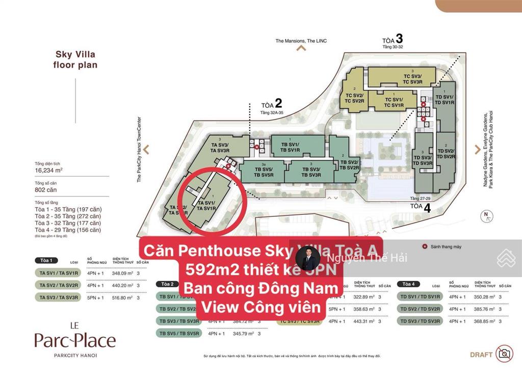 Căn penthouse sky villa 5pn tòa a, 592m2, giá 45 tỷ, view công viên, le parc place  parkcity