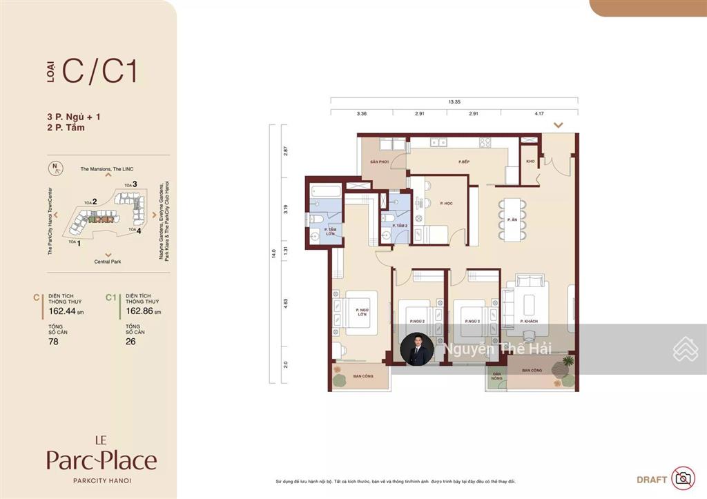 Căn 4pn tòa b, 163m2, giá 17 tỷ, ban công tây nam, view công viên, le parc place  parkcity