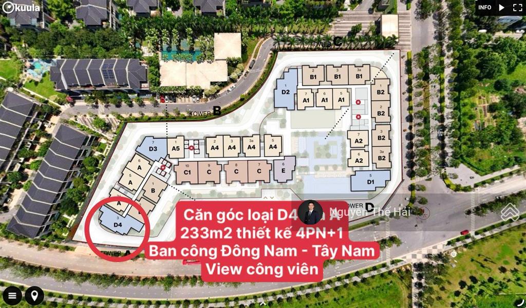 Căn góc 4pn + tòa a, 233m2, giá 21 tỷ, ban công đông nam  tây nam, view công viên le parc place