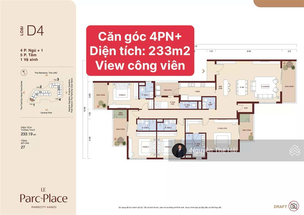 Căn góc 4pn + tòa a, 233m2, giá 21 tỷ, ban công đông nam  tây nam, view công viên le parc place