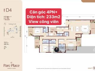Căn góc 4pn+ toà a, 233m2, giá 23 tỷ, ban công đông nam  tây nam, view công viên, le parc place