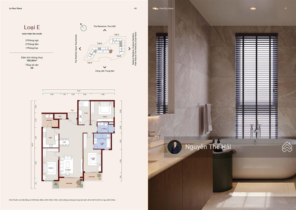 Căn góc 4pn tòa b, 159m2, giá 16,5 tỷ, ban công đông nam, view công viên, le parc place  parkcity