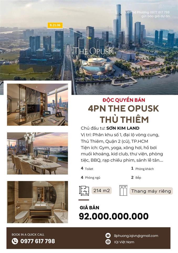 Chính chủ gửi bán 4pn b.2x.06 opusk thủ thiêm 214m2, khu metropole