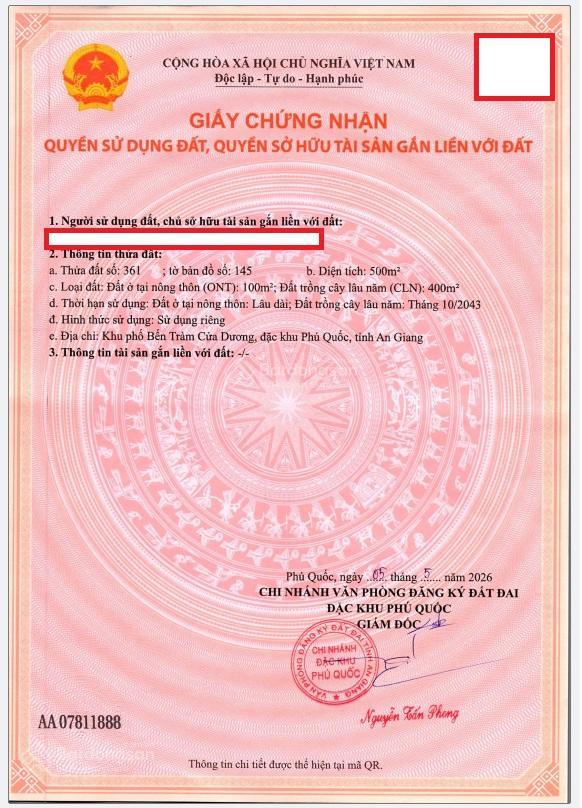 Bán đất bến tràm, phú quốc, đường rộng 10m, diện tích 500m2 có 100m2 thổ cư