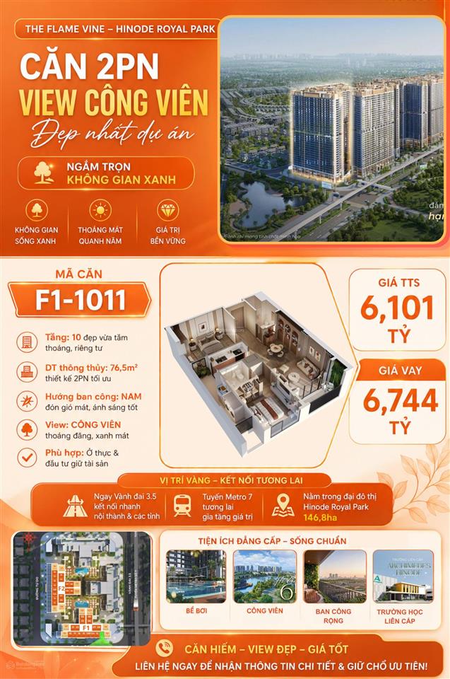 Chỉ 6,1 tỷ căn 2n diện tích 76,5m2 tòa f1 dự án hh3 the flame vine hinode royal park.  0966 761 ***