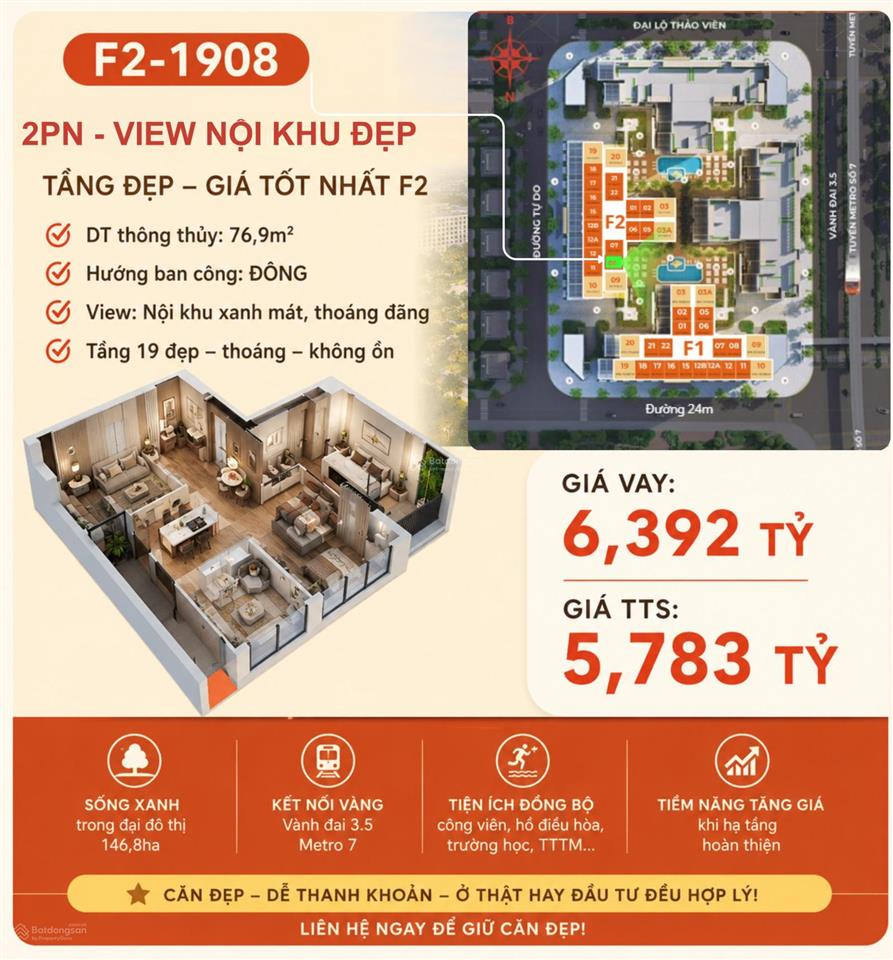 Bán căn 2n diện tích 76,9m2 dự án hh3 the flame vine hinode royal park. giá 5,78 tỷ.  0966 761 ***