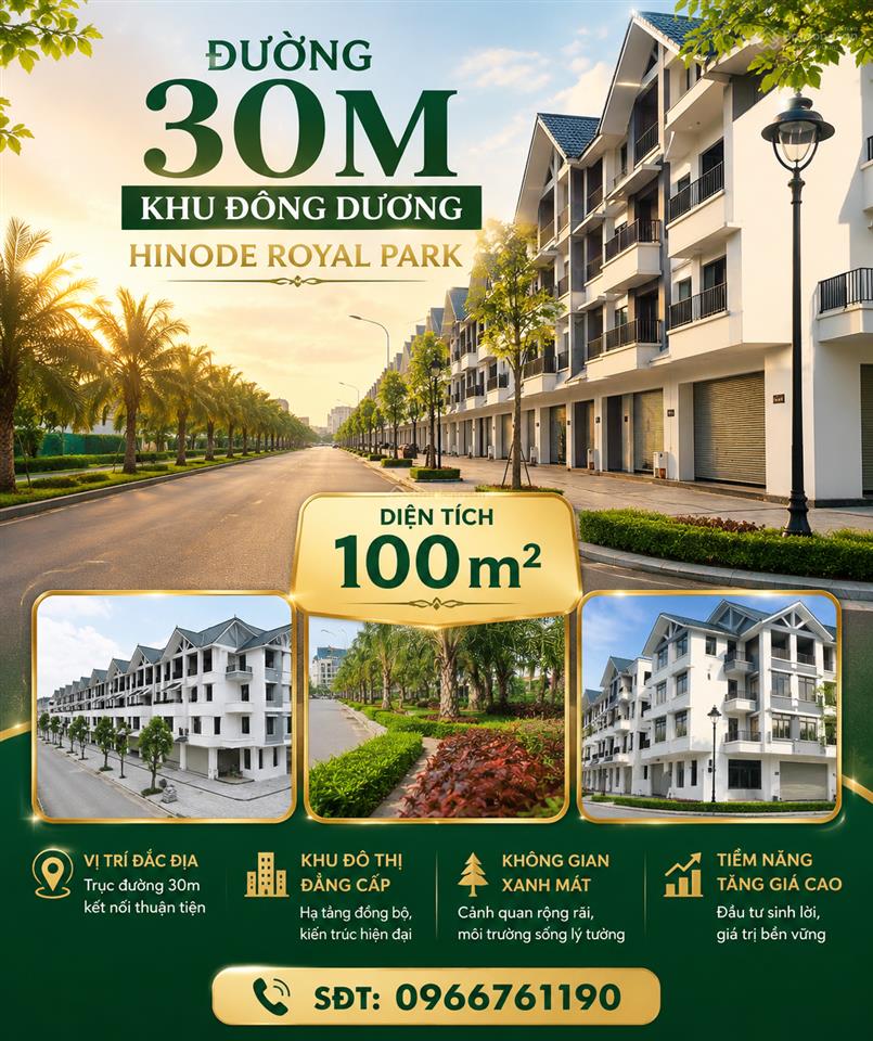 Siêu rẻ, chỉ 16,5 tỷ căn liền kề 100m2 đường 30m khu đông dương dự án hinode royal park. 0966 761 ***