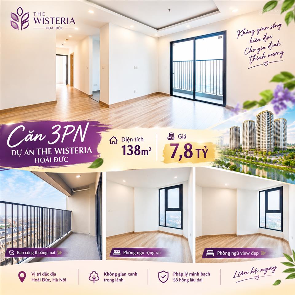 Siêu rẻ, chỉ 7,8 tỷ căn 3pn diện tích 138m2 dự án the wisteria đường 32 hoài đức.  0966 761 ***
