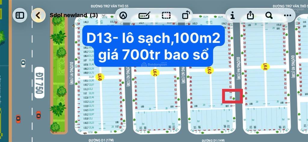 Khu dân cư newland  mặt tiền đường dt750, lô d13, 100m2 giá 700 triệu, bàu bàng, bd