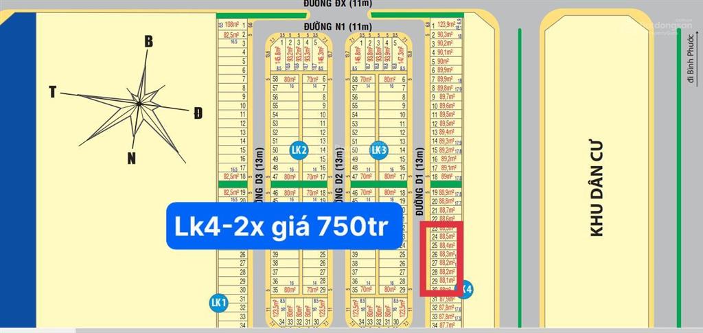 Khu dân cư trung quân  bàu bàng, cần bán lô lk4  2x, 88,5m2 giá 750tr, hồ chí minh