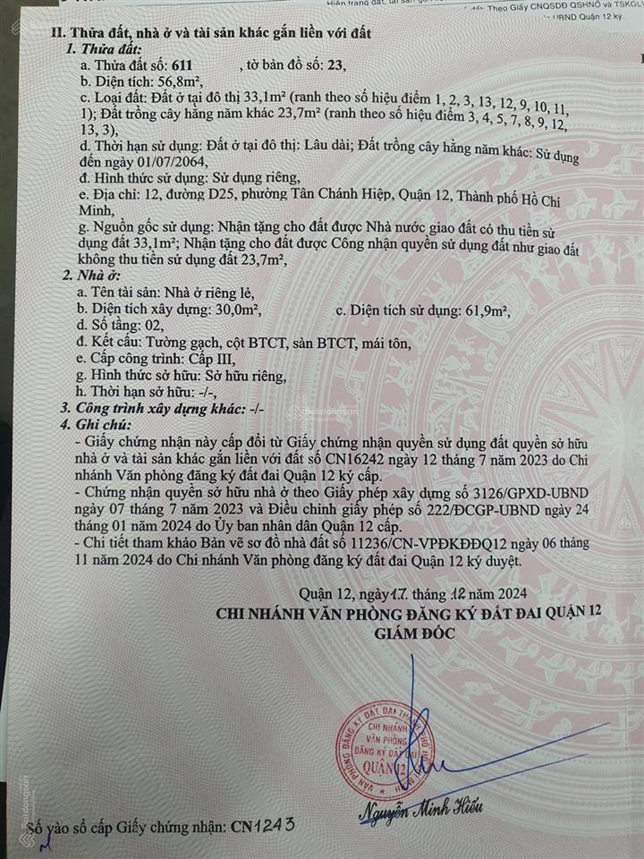 Bán nhà mặt tiền đường huỳnh thị hai phường tân chánh hiệp q12 dt 4x14m sổ hồng riêng 4.25 tỷ