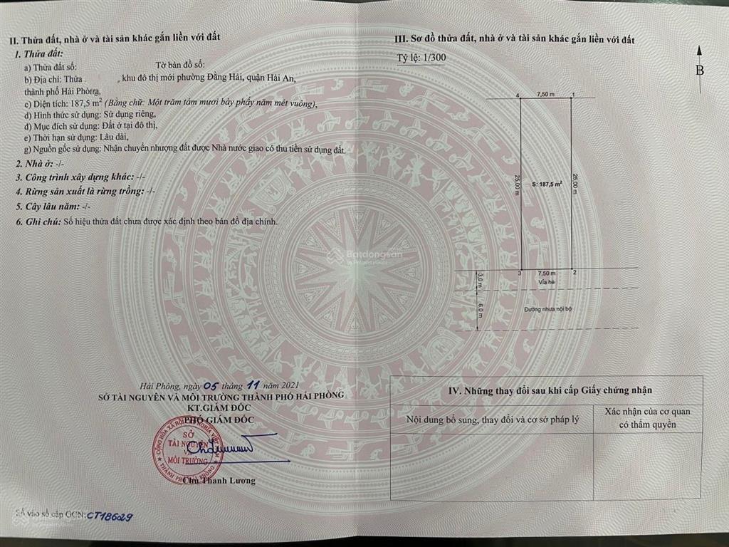 Bán lô đất 187,5m2 khu biệt thự vườn hồng đằng hải hải an hải phòng. giá 55 triệu/m2