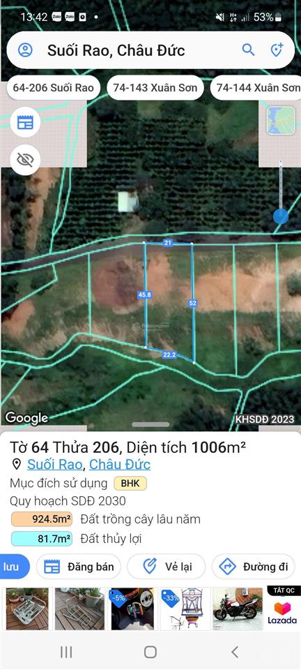 Bán 1000m2 đất tại suối rao, 1,5 tỷ, giáp suối view đẹp
