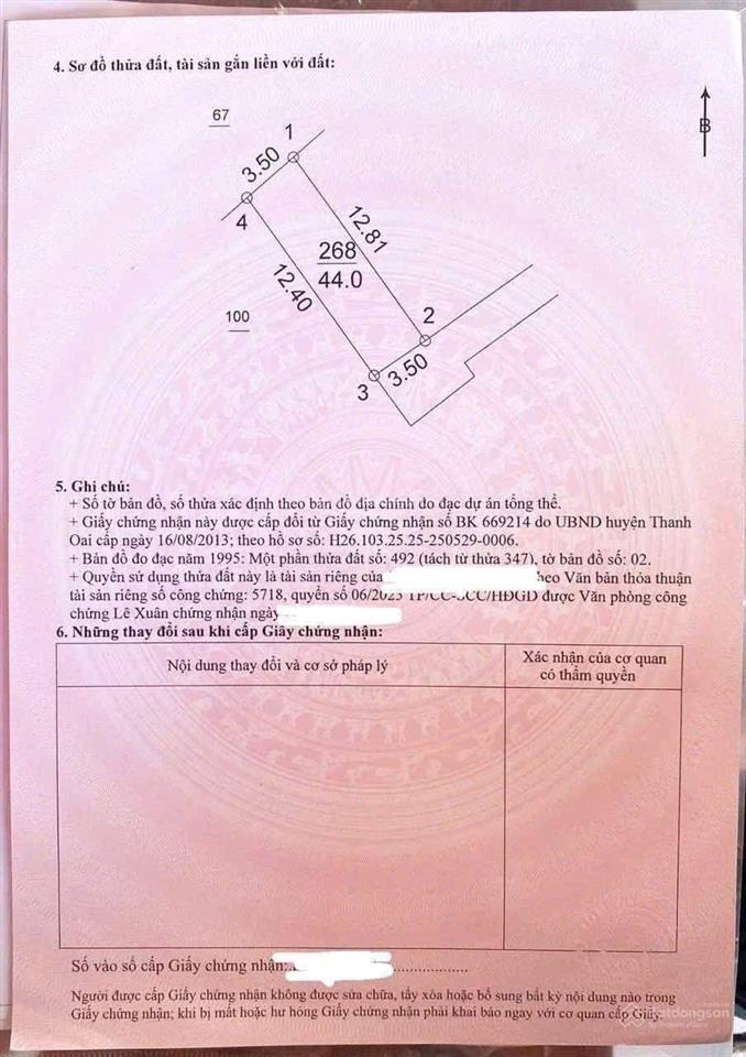 Chính chủ bán 44m đất sổ đỏ quảng minh, mỹ hưng thanh oai ,