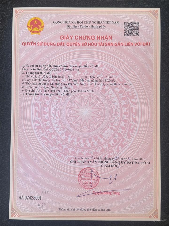 Bán đất mt đg mỹ xuân tóc tiên, qh cho xây 20 tầng xung quanh full tiện ích,dt5x46 giá 1.45ty