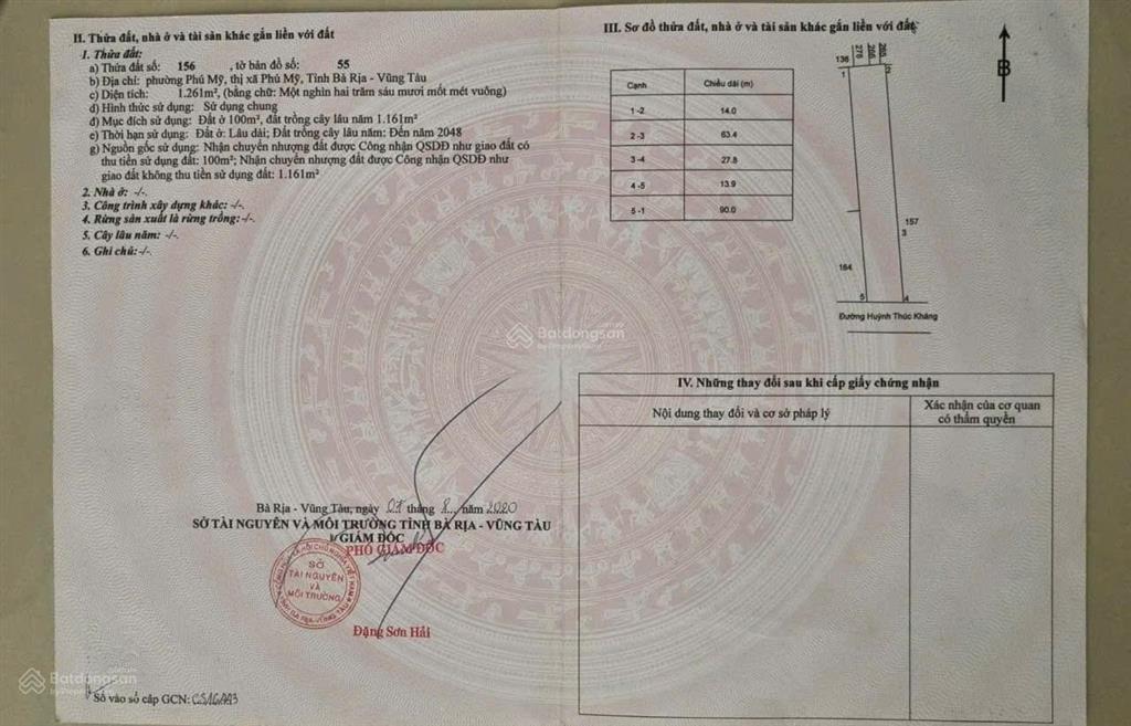 Bán đất mt đường huỳnh thúc kháng trung tâm phú mỹ, nằm sát trung tâm hành chính dt 14x90 giá 15 tỷ