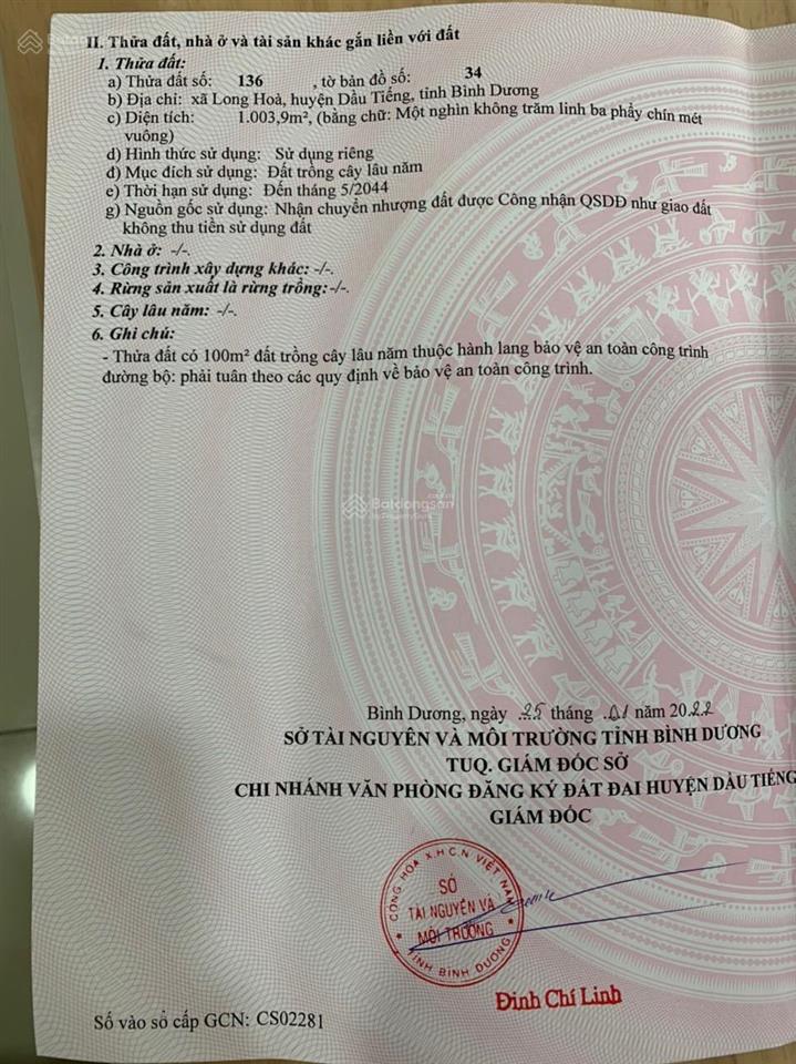 Bán đất 1000m2 cln tại xã long hòa, huyện dầu tiếng, tỉnh bình dương.