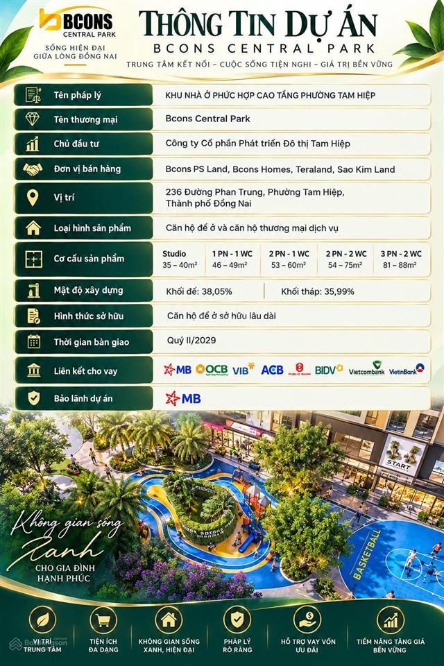Bán cc bcons central park, vốn 500 triệu, 38m2, 1pn, 1wc, hướng đông, nội thất cơ bản tại đồng nai