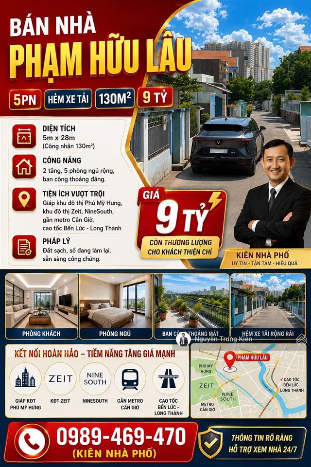 Bán nhà phạm hữu lầu, giáp phú mỹ hưng hẻm ô tô 6m 130m2 9 tỷ thương lượng