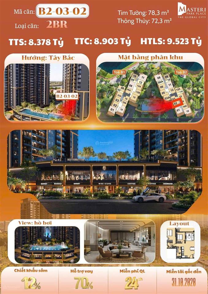 Bán lỗ 200 triệu so với giá gốc căn ct5b203.02 view hồ bơi chỉ 8 tỷ 178