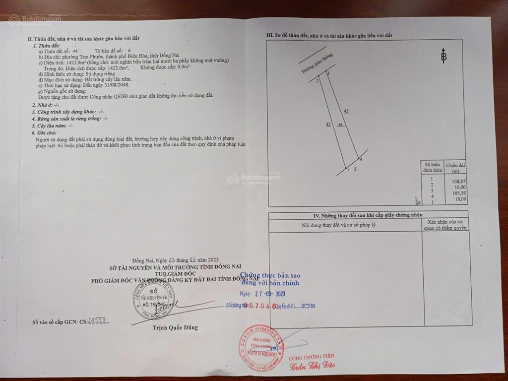 Bán đất tại nguyễn trãi, p tam phước, tp.biên hòa, 7 triệu / m2, 1433 m2 đẹp, nhiều tiện ích uy tín