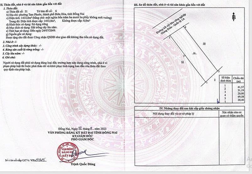 Bán đất tại nguyễn trãi, p tam phước, tp.biên hòa, 7 triệu / m2, 1433 m2 đẹp, nhiều tiện ích uy tín