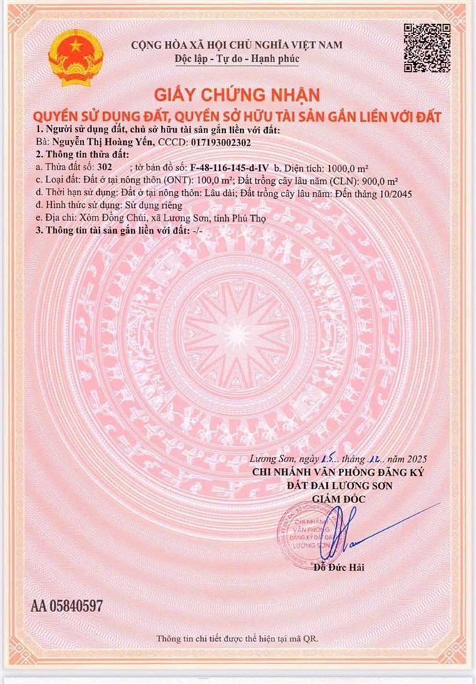 Chính chủ bán 1000m2 đất nghỉ dưỡng xã lương sơn, tỉnh phú thọ