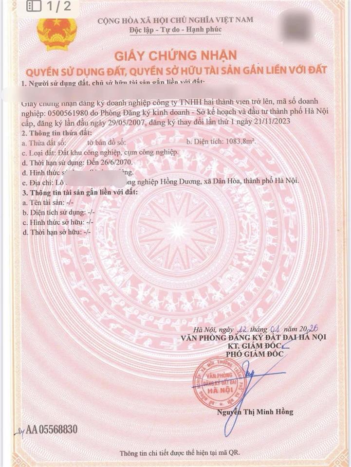 Chính chủ bán lô xưởng cụm công nghiệp hồng dương, thanh oai, hà nội giá chỉ hơn 9tr/m2