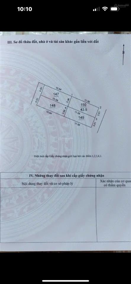 Cần bán 43,5m2 (4x10,8)m đất thổ cư thôn trung thôn xã đông anh đường rộng 2,5m hướng đông nam
