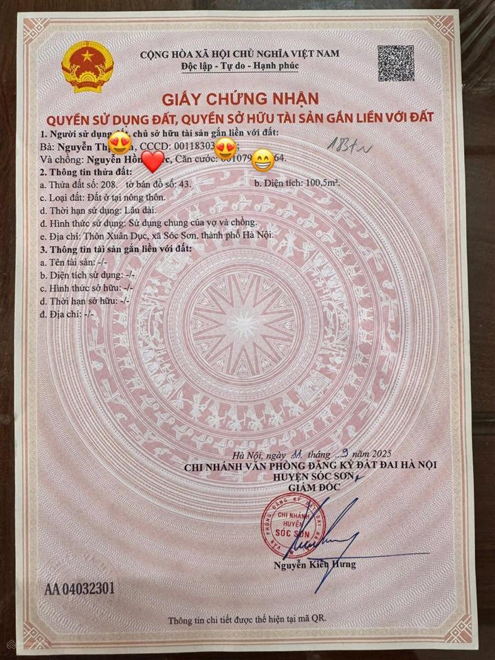 Chính chủ gửi bán 100m2 đất ở thôn xuân dục, xã tân minh, sóc sơn, hà nội