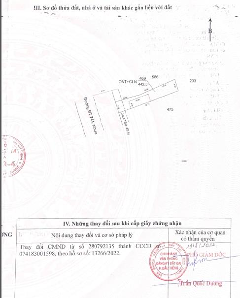Chính chủ bán 442.3m2 đất mặt tiền đt 744, thanh tuyền, dầu tiếng, 3,9 tỷ