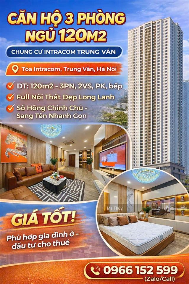 Chính chủ cần bán gấp căn hộ 3pn, 2wc phòng khách rộng đẹp full tại chung cư intracom, trung văn
