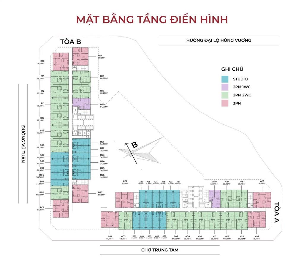 Chính chủ cần nhượng căn vic grand square 2pn 2wc, 68,7m2, 3,2 tỷ, cửa vào đông bắc, view sông hồng