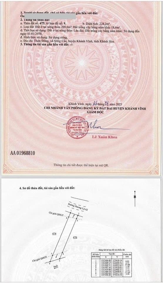 Cần bán lô mặt tiền hl 62 sông cầu  khánh vĩnh. cách khu công nghiệp sông cầu chỉ 200m