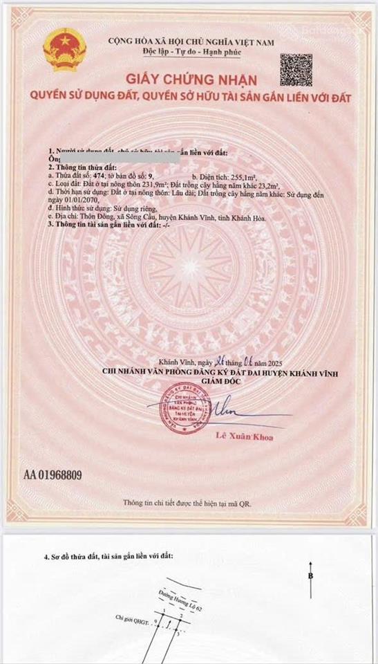 Cần bán lô mặt tiền hl 62 sông cầu  khánh vĩnh. cách khu công nghiệp sông cầu chỉ 200m