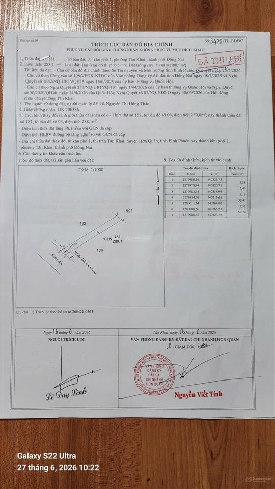 Bán đất tại xã tân khai, 1,35 tỷ, 288 m2, giá siêu hời, nhiều tiện ích
