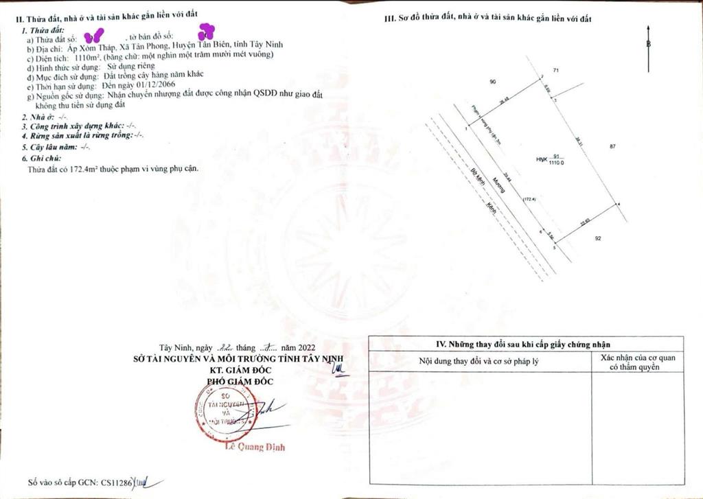 Bán đất ở đường bờ kênh, xã thạnh bình, huyện tân biên, tây ninh, 580 triệu, 1110 m2, view đẹp