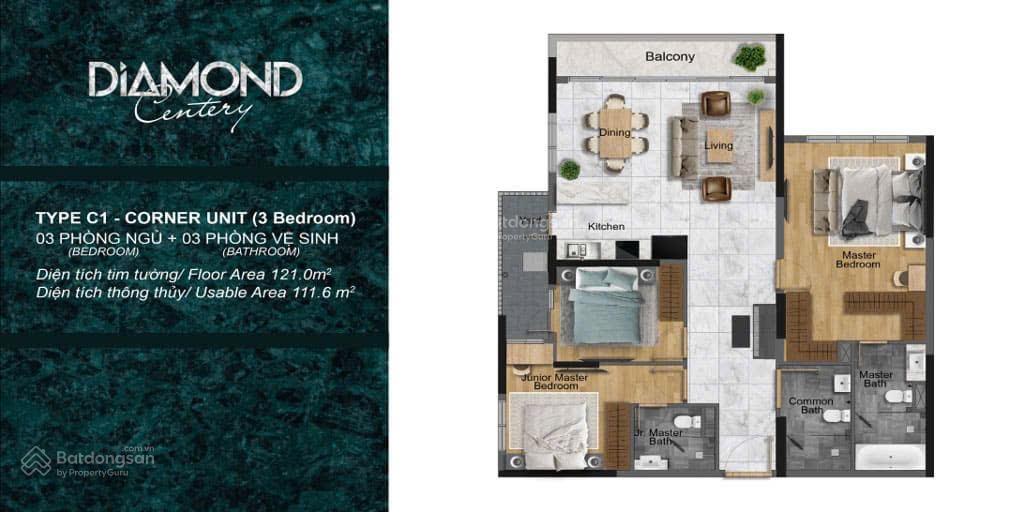 Bán căn 3pn 3wc, dt 121m2 diamond centery celadon city, giá 10.5tỷ, trả nhanh