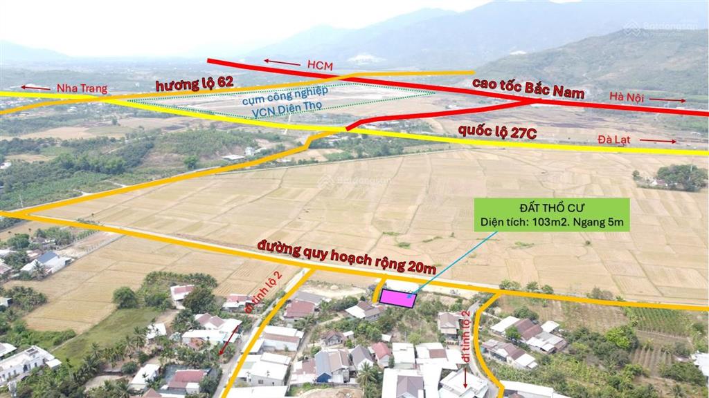 Đất thổ cư trung tâm xã diên thọ, khánh hoà. dt 103m2 thổ cư. gần cụm cn vcn diên thọ. giá 690tr