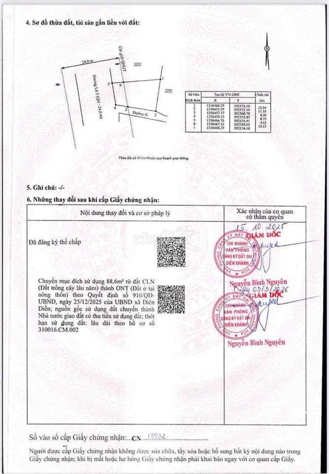 DD97 Bán đất 2 mặt tiền đường Hương Lộ 5 xã Diên Điền