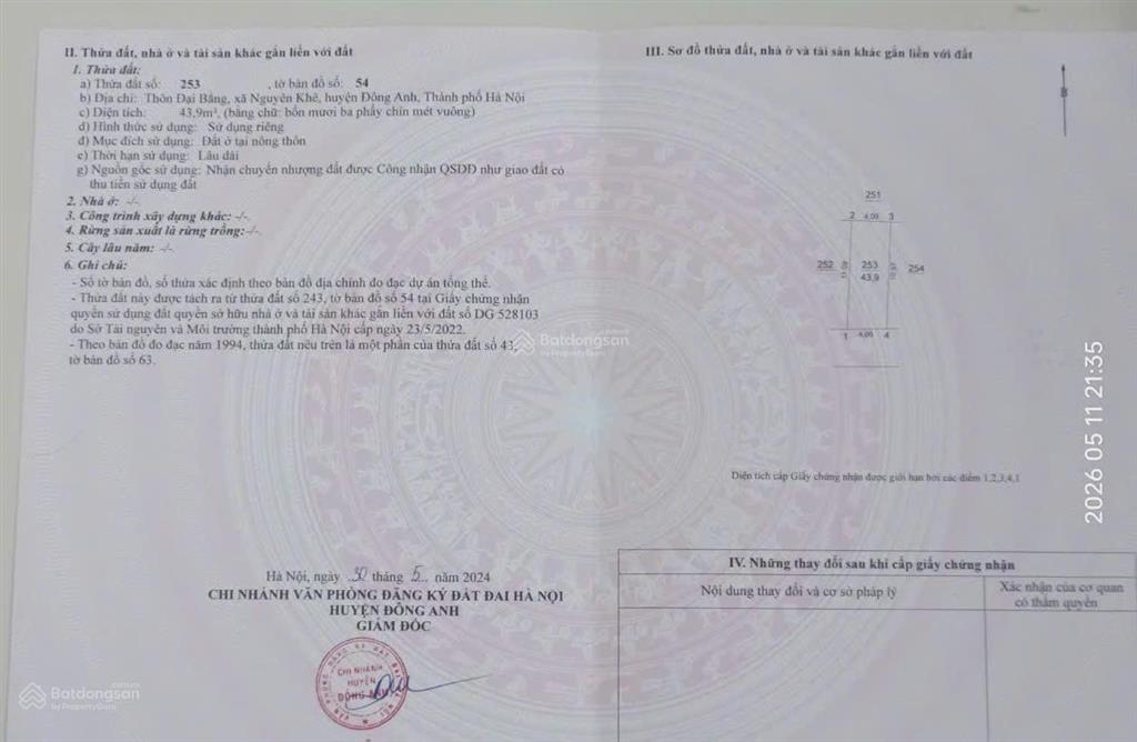 Chính chủ bán nhanh 43,9m2 đất thổ cư áp góc ngã tư, đường nhựa 10m và 15m tại đông anh, hà nội
