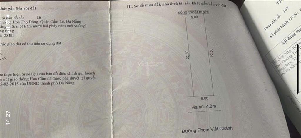 Bán lô đất đường 7m5 phạm viết chánh, phường cẩm lệ, tp đà nẵng