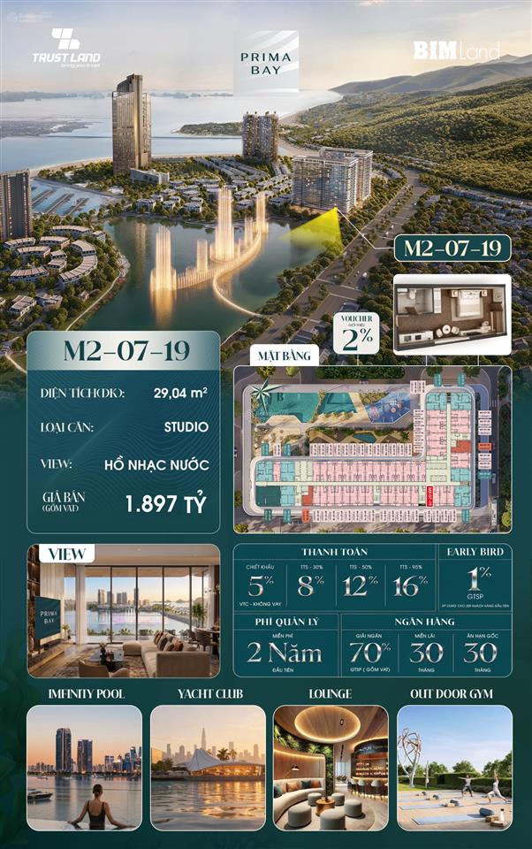Chỉ 1,574 tỷ studio prima bay 29m2, view biển & hồ nhạc nước!