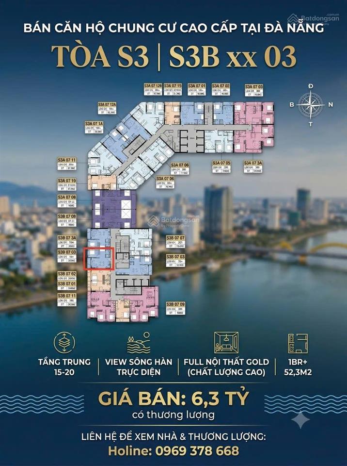 Bán cc tại sun symphony residence, 6,x tỷ, 52,3 m2, 1pn+1, 1wc tầng trung 1520 view sát sông hàn